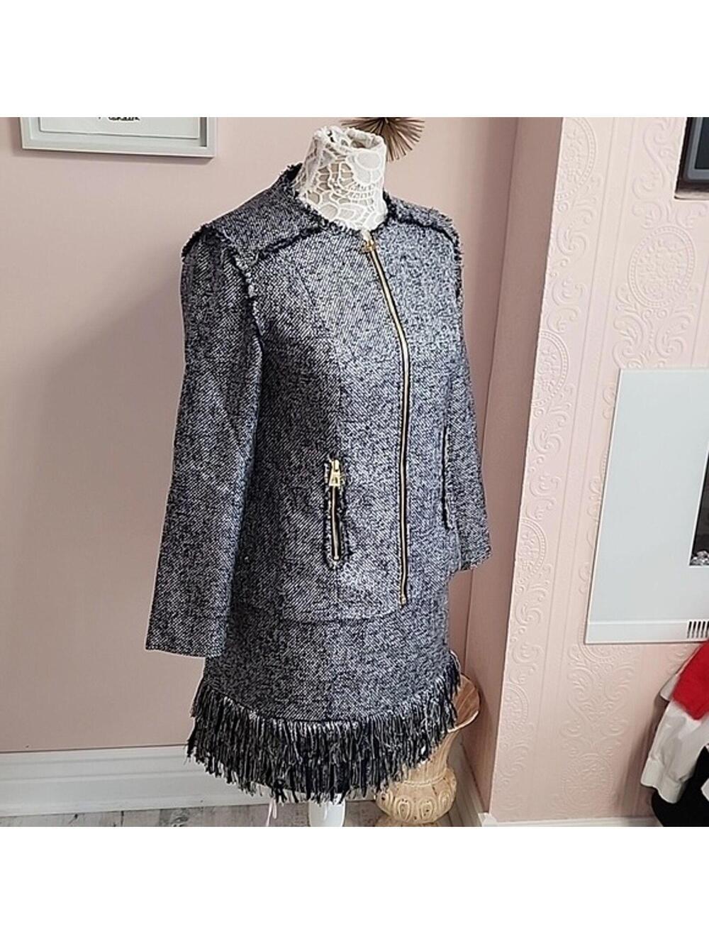 NWT Metallic on Mercer Navy Tweed Fringe Skirt Suit Set Blazer Small 4 Gold Zip
